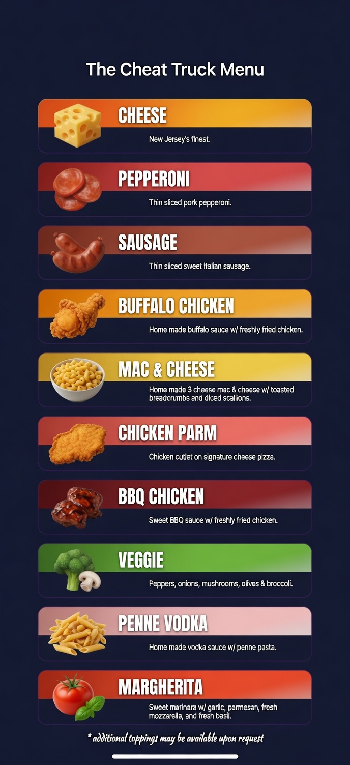 The Cheat Truck traditional pizza menu